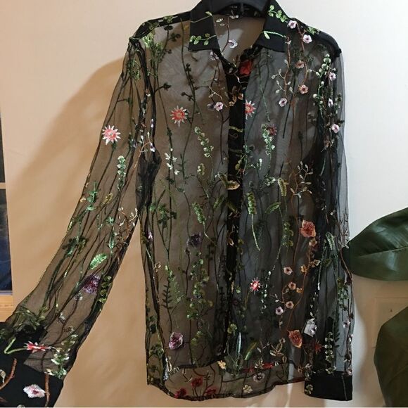 Sheer Embroidered Collared button Down Top - Picture 2 of 9